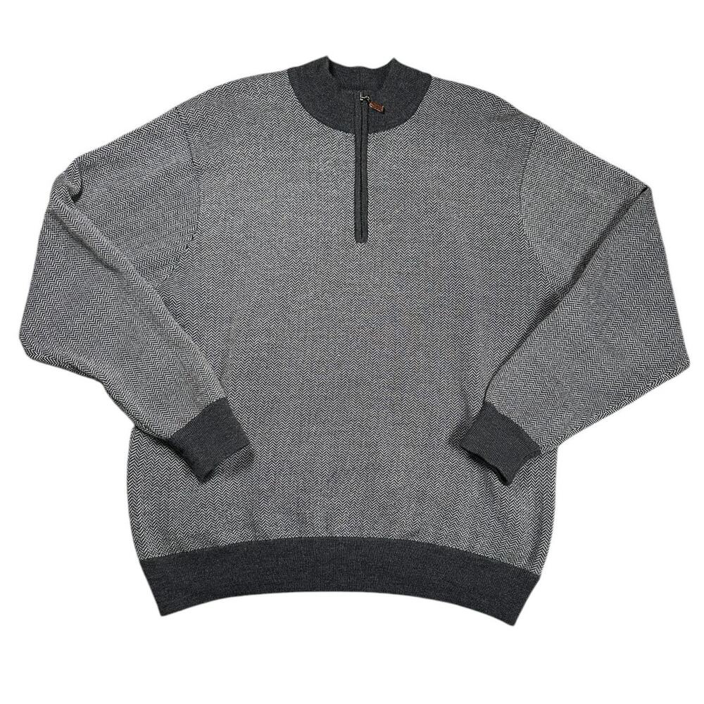 Peter Millar 1/4 Zip Sweater Mens XL Merino Wool Black White Chevron Pullover